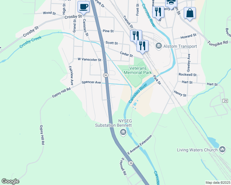 map of restaurants, bars, coffee shops, grocery stores, and more near 480 Maple City Drive in Hornell