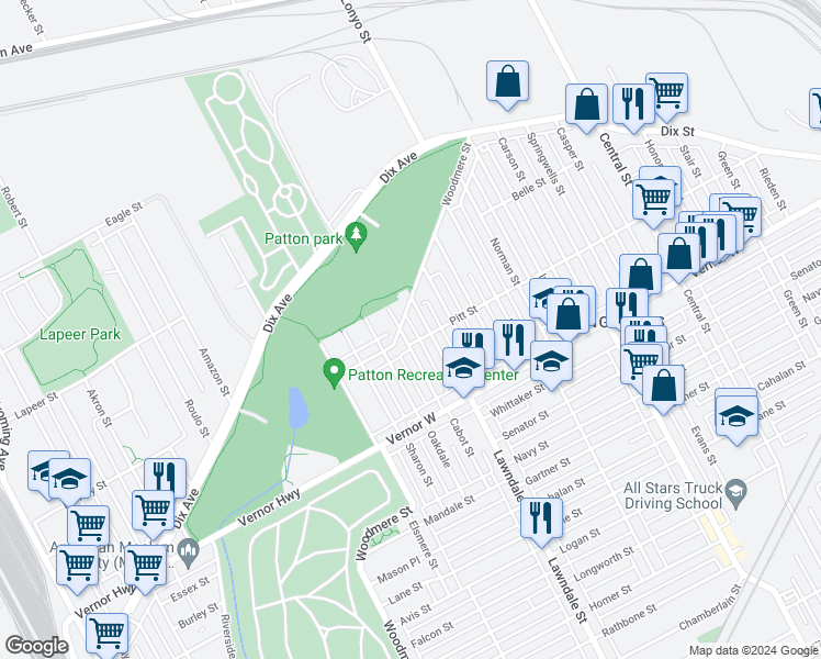 map of restaurants, bars, coffee shops, grocery stores, and more near 2562 Woodmere St in Detroit
