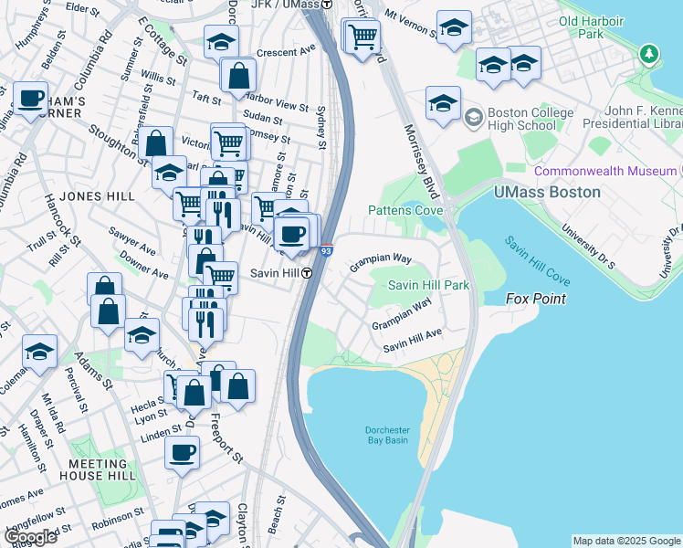 map of restaurants, bars, coffee shops, grocery stores, and more near 144 Savin Hill Avenue in Boston