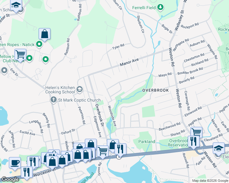 map of restaurants, bars, coffee shops, grocery stores, and more near 3 Colby Road in Wellesley