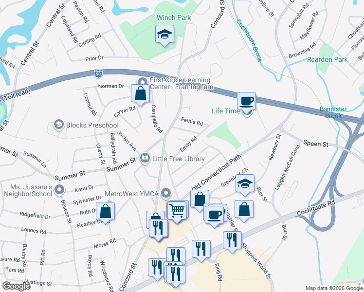 map of restaurants, bars, coffee shops, grocery stores, and more near 16 Randy Road in Framingham