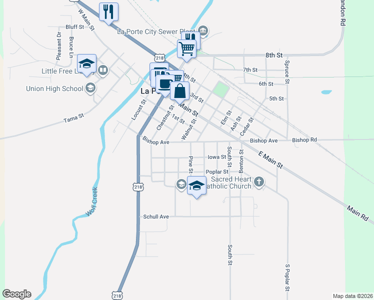 map of restaurants, bars, coffee shops, grocery stores, and more near 801 Monroe Street in La Porte City