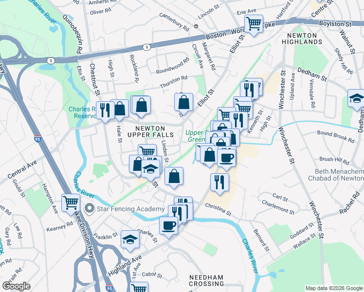 map of restaurants, bars, coffee shops, grocery stores, and more near 18 Cheney Court in Newton