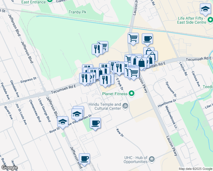 map of restaurants, bars, coffee shops, grocery stores, and more near 6800 Tecumseh Road East in Windsor