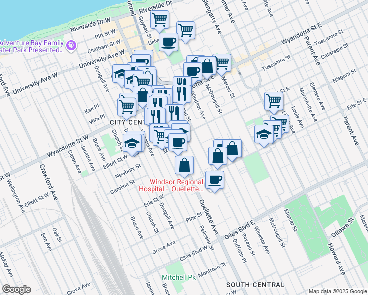 map of restaurants, bars, coffee shops, grocery stores, and more near 65 Elliott Street East in Windsor
