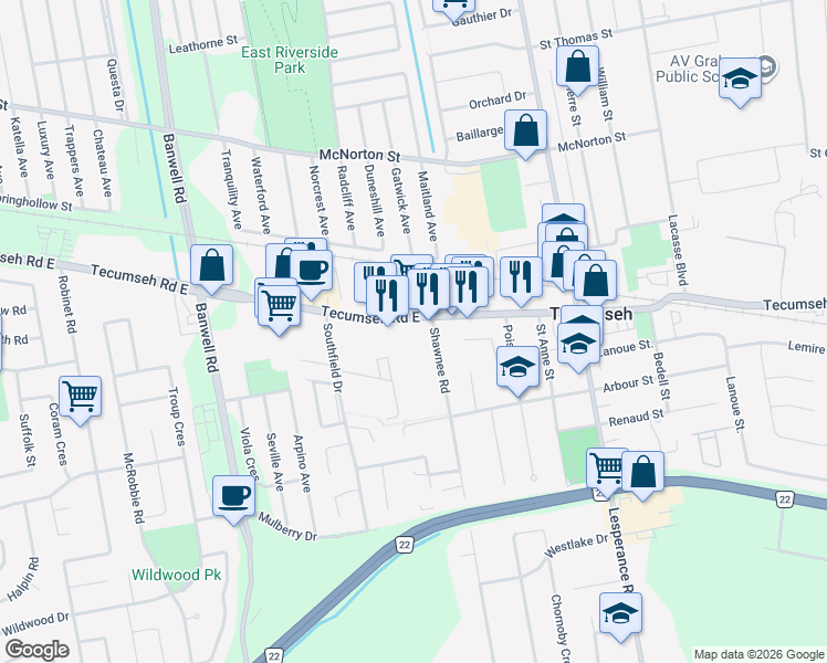 map of restaurants, bars, coffee shops, grocery stores, and more near 11957 Tecumseh Road in Tecumseh