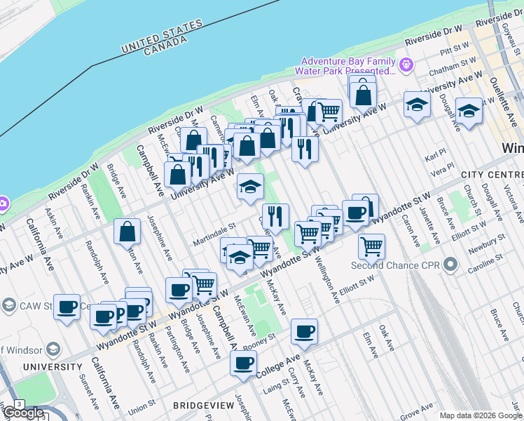 map of restaurants, bars, coffee shops, grocery stores, and more near 352 Cameron Avenue in Windsor