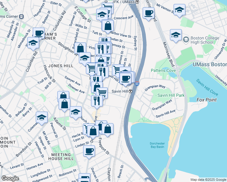map of restaurants, bars, coffee shops, grocery stores, and more near 87 Savin Hill Avenue in Boston