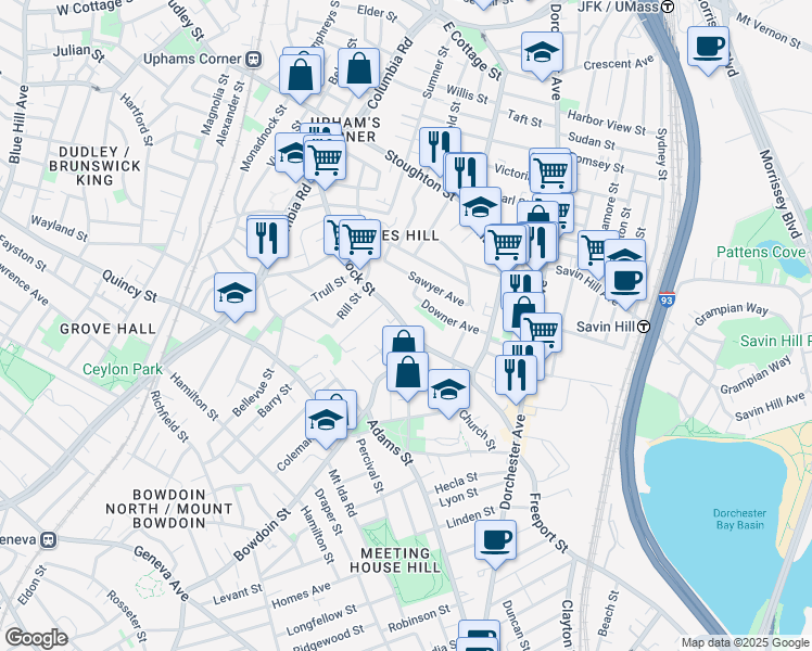 map of restaurants, bars, coffee shops, grocery stores, and more near 60 Downer Avenue in Boston