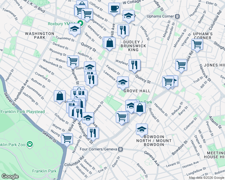 map of restaurants, bars, coffee shops, grocery stores, and more near 47 Lawrence Avenue in Boston