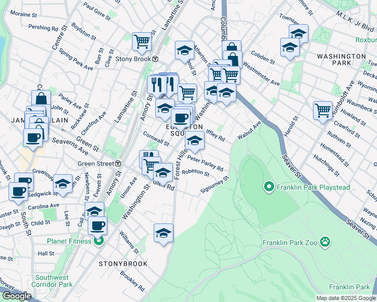 map of restaurants, bars, coffee shops, grocery stores, and more near 10 Forest Hills Street in Boston