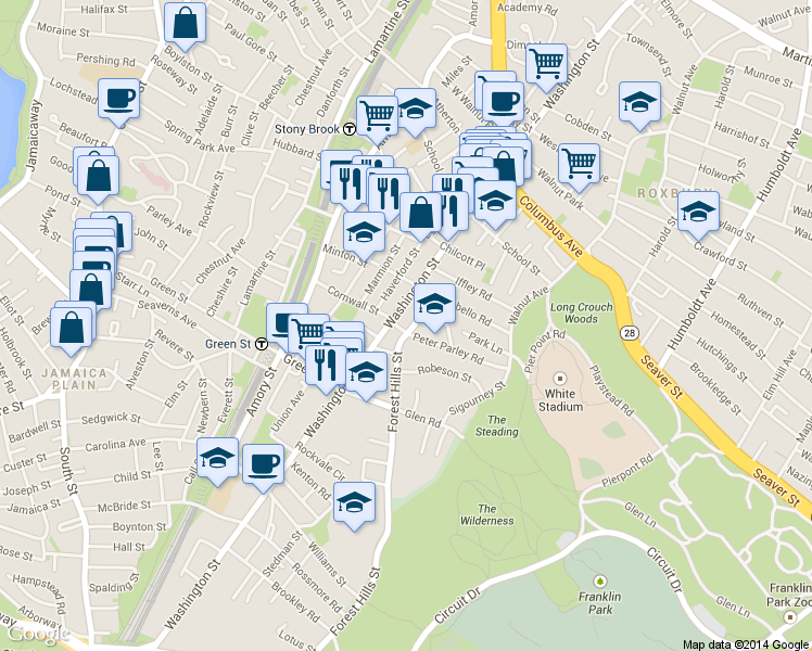 map of restaurants, bars, coffee shops, grocery stores, and more near 10 Forest Hills Street in Boston