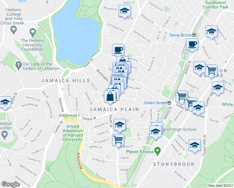 map of restaurants, bars, coffee shops, grocery stores, and more near 2A Brewer Street in Boston