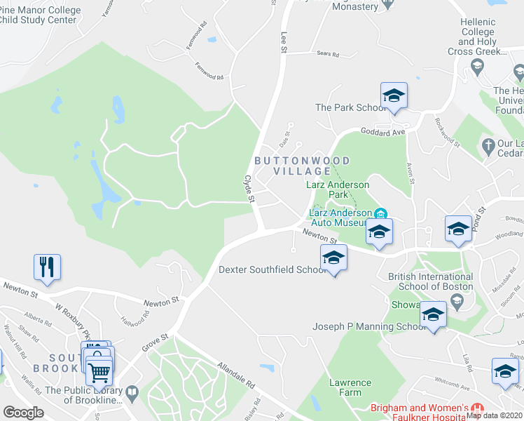 map of restaurants, bars, coffee shops, grocery stores, and more near 11 Larkin Road in Brookline