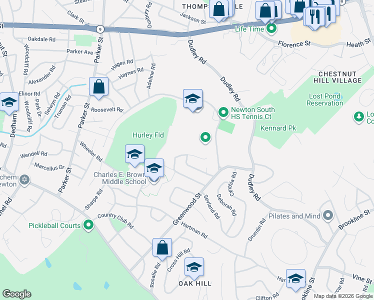 map of restaurants, bars, coffee shops, grocery stores, and more near 62 Winston Road in Newton