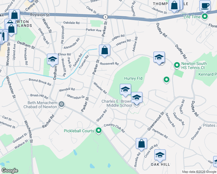 map of restaurants, bars, coffee shops, grocery stores, and more near 51 Parker Terrace in Newton