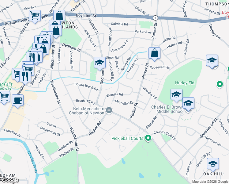 map of restaurants, bars, coffee shops, grocery stores, and more near 36 Cannon Street in Newton