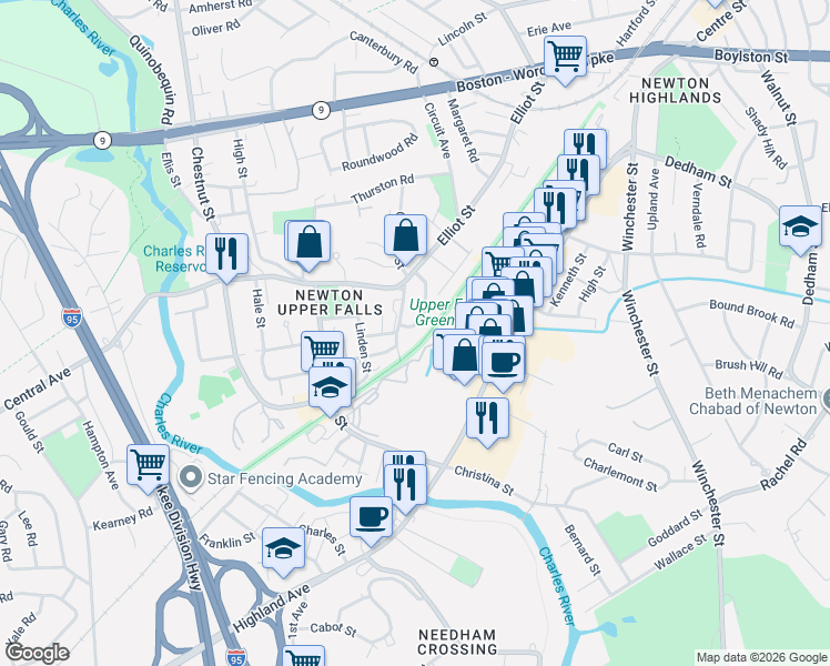 map of restaurants, bars, coffee shops, grocery stores, and more near 31 Wetherell Street in Newton
