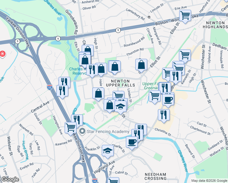 map of restaurants, bars, coffee shops, grocery stores, and more near 23 Oak Street in Newton