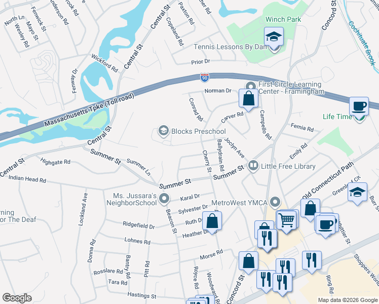 map of restaurants, bars, coffee shops, grocery stores, and more near 17 Upper Joclyn Avenue in Framingham