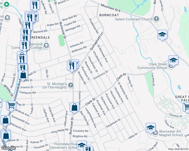 map of restaurants, bars, coffee shops, grocery stores, and more near 41 Housatonic Street in Worcester