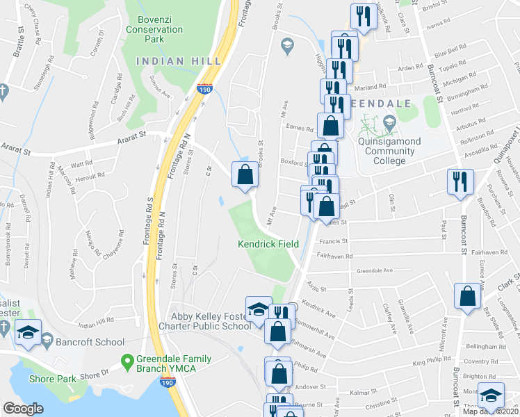 map of restaurants, bars, coffee shops, grocery stores, and more near 68 Brooks Street in Worcester