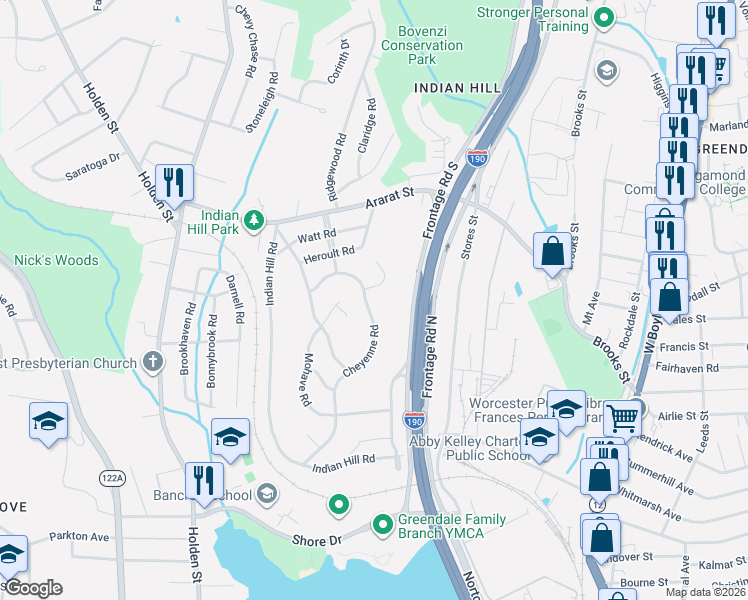 map of restaurants, bars, coffee shops, grocery stores, and more near 64 Cheyenne Road in Worcester