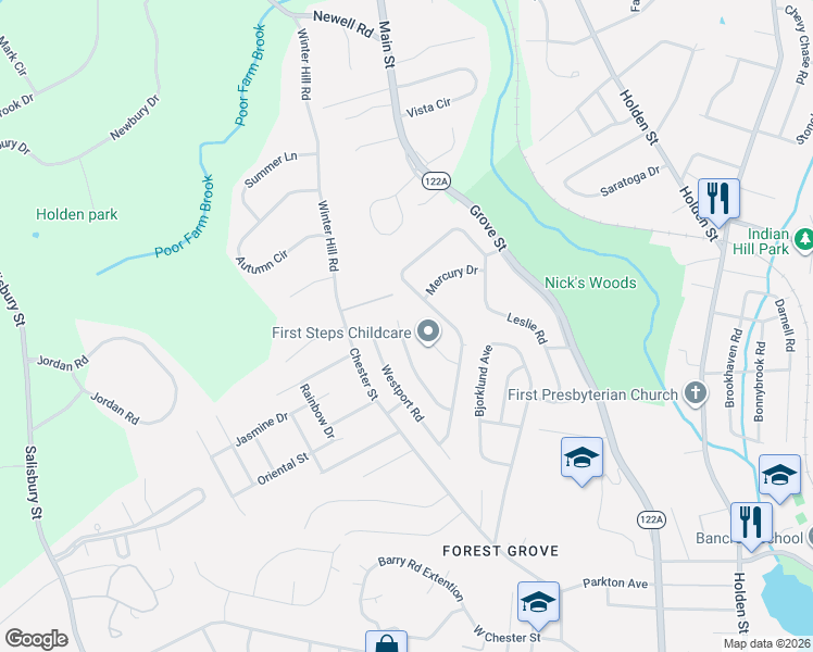 map of restaurants, bars, coffee shops, grocery stores, and more near 46 Venus Drive in Worcester