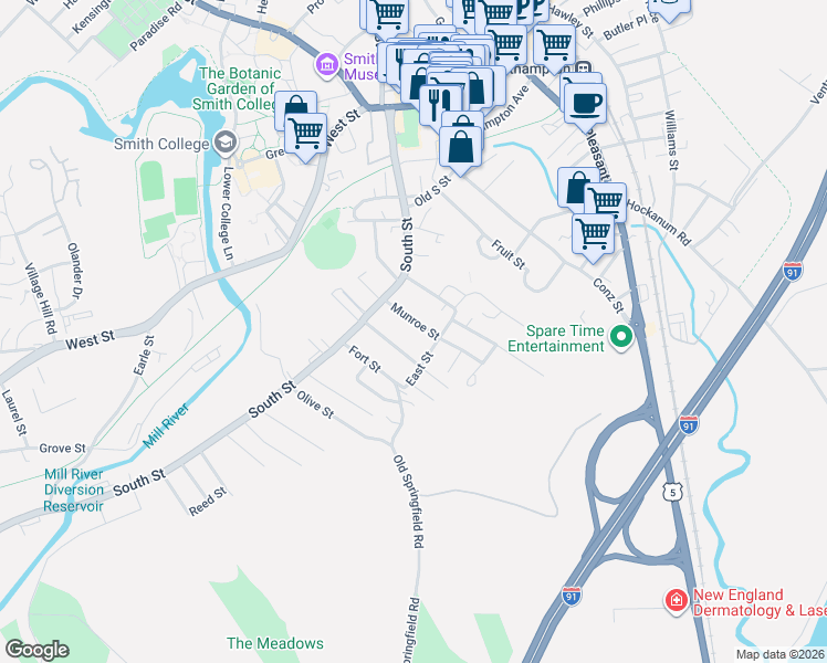 map of restaurants, bars, coffee shops, grocery stores, and more near 12 Munroe Street in Northampton