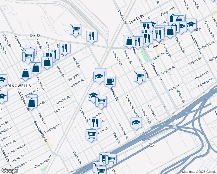 map of restaurants, bars, coffee shops, grocery stores, and more near 1700 Waterman Street in Detroit