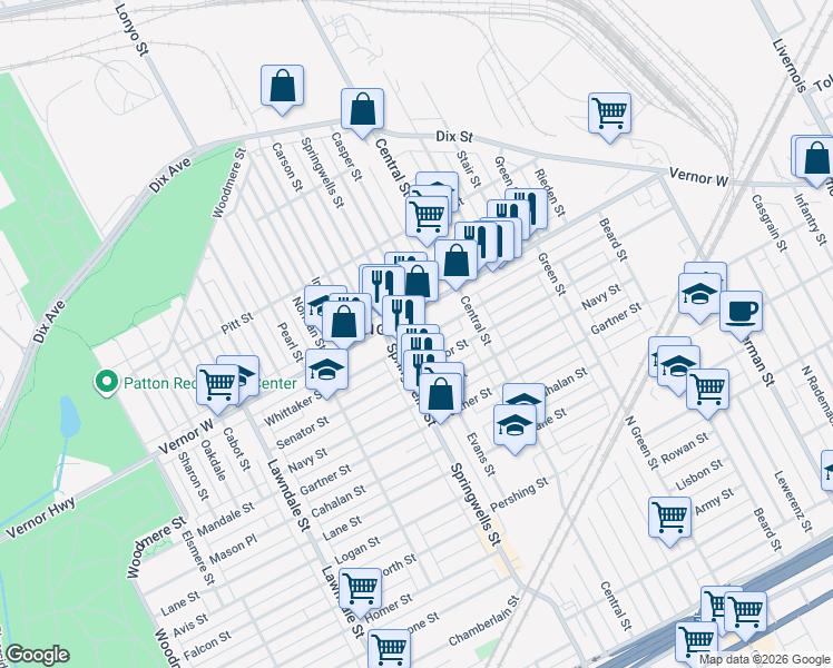 map of restaurants, bars, coffee shops, grocery stores, and more near 7759 Vernor Highway in Detroit