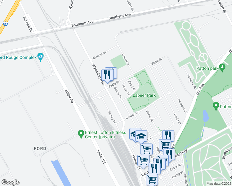 map of restaurants, bars, coffee shops, grocery stores, and more near 3331 Marie Street in Dearborn