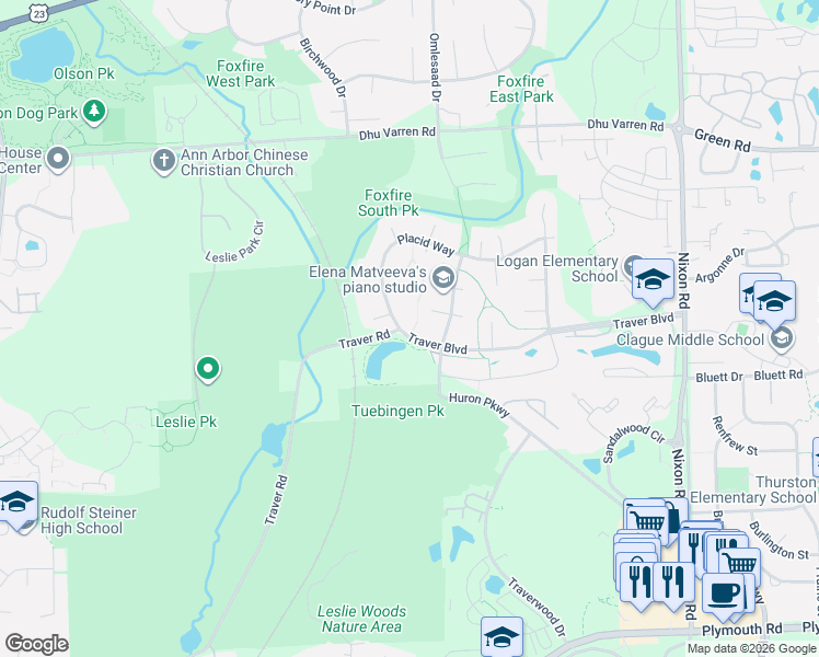 map of restaurants, bars, coffee shops, grocery stores, and more near 2745 Tuebingen Parkway in Ann Arbor