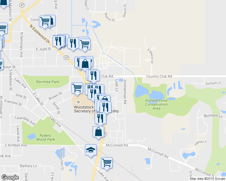 map of restaurants, bars, coffee shops, grocery stores, and more near 300 Leah Lane in Woodstock