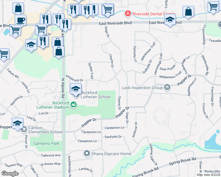 map of restaurants, bars, coffee shops, grocery stores, and more near 4849 Innsbruck Drive in Rockford