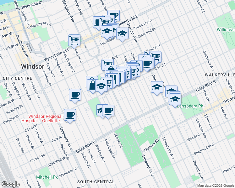 map of restaurants, bars, coffee shops, grocery stores, and more near 573 Erie Street East in Windsor