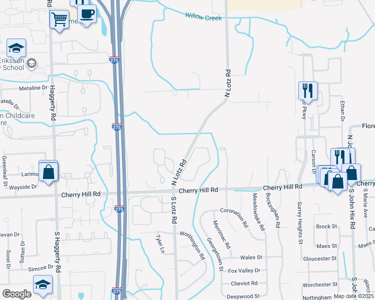 map of restaurants, bars, coffee shops, grocery stores, and more near 445 North Lotz Road in Wayne County