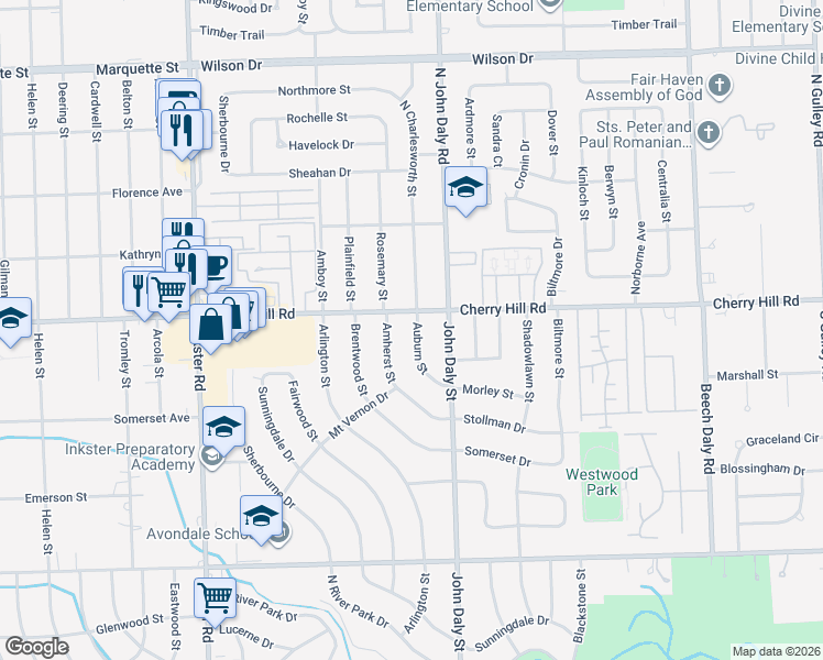map of restaurants, bars, coffee shops, grocery stores, and more near 128 Auburn Street in Inkster