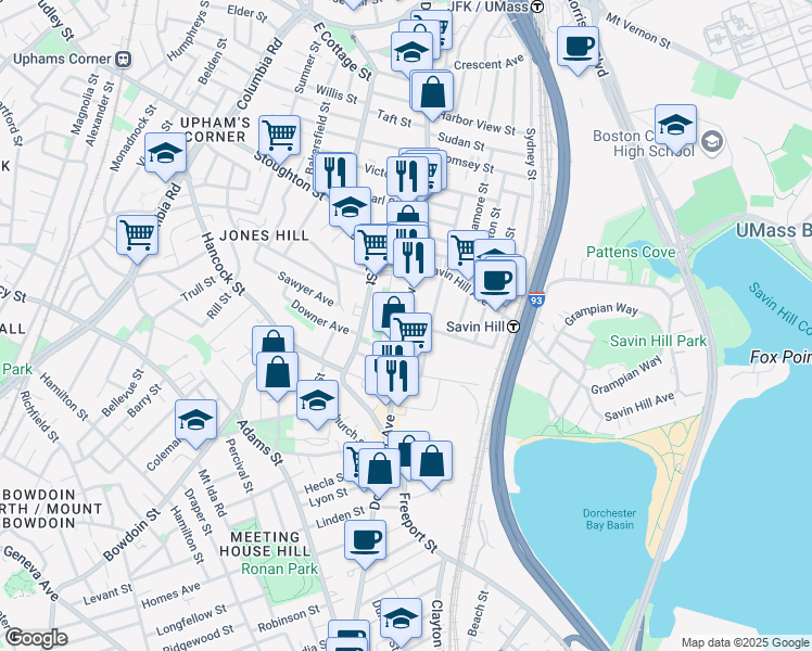 map of restaurants, bars, coffee shops, grocery stores, and more near 1 Bay Street in Boston