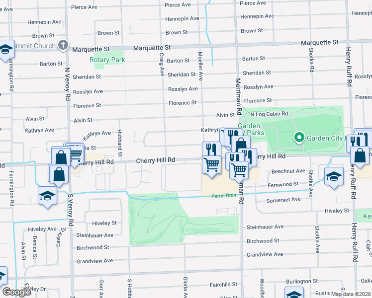 map of restaurants, bars, coffee shops, grocery stores, and more near 31783 Leona Street in Garden City