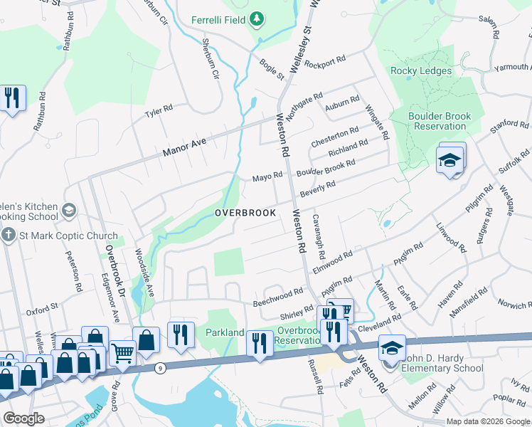 map of restaurants, bars, coffee shops, grocery stores, and more near 11 Parker Road in Wellesley