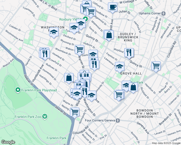 map of restaurants, bars, coffee shops, grocery stores, and more near 397 Blue Hill Avenue in Boston