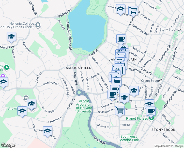 map of restaurants, bars, coffee shops, grocery stores, and more near 92 Dunster Road in Boston