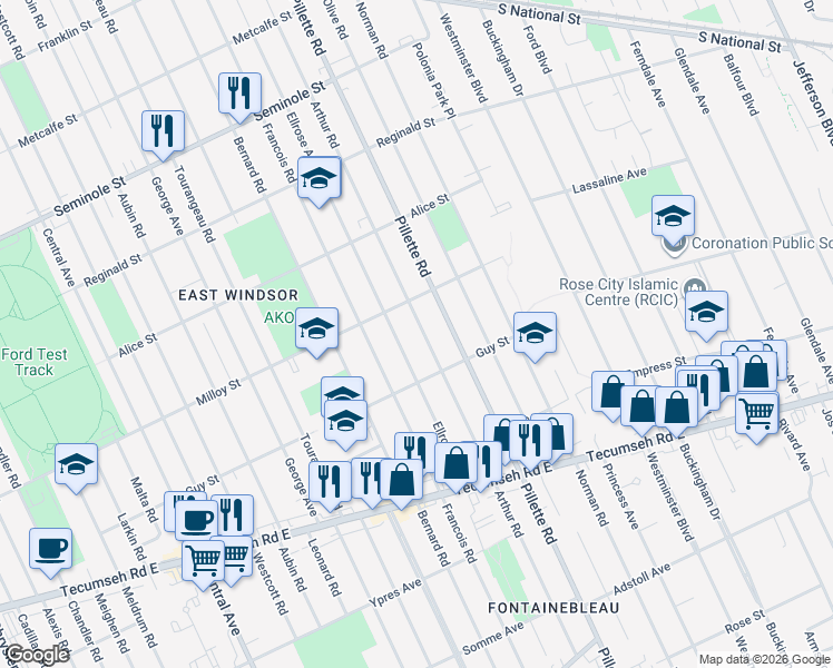 map of restaurants, bars, coffee shops, grocery stores, and more near 1811 Arthur Road in Windsor