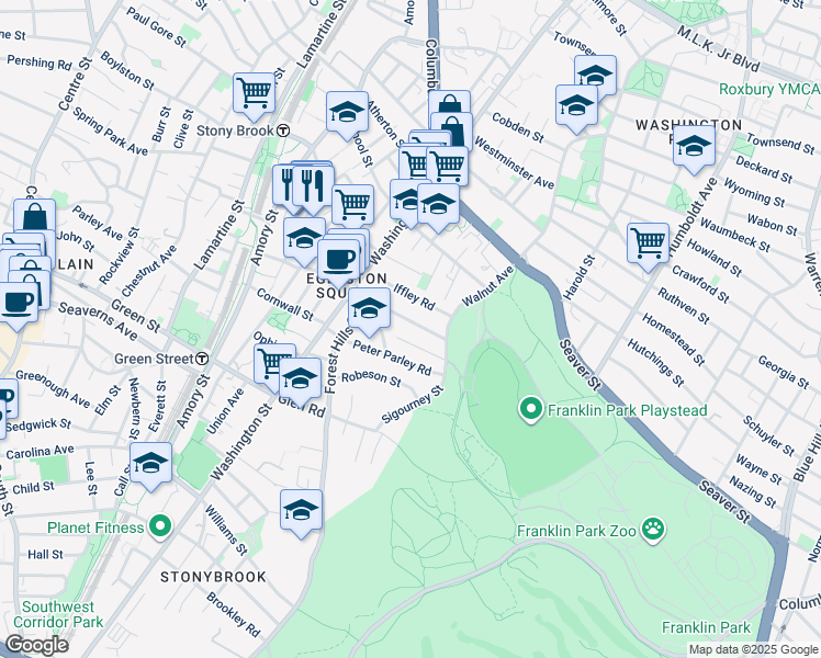 map of restaurants, bars, coffee shops, grocery stores, and more near 93 Montebello Rd in Jamaica Plain