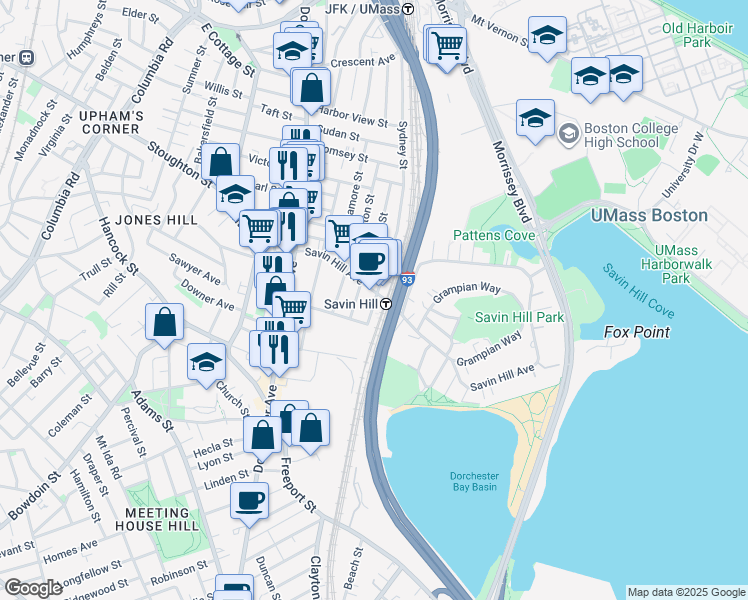 map of restaurants, bars, coffee shops, grocery stores, and more near 10 Sydney Street in Boston