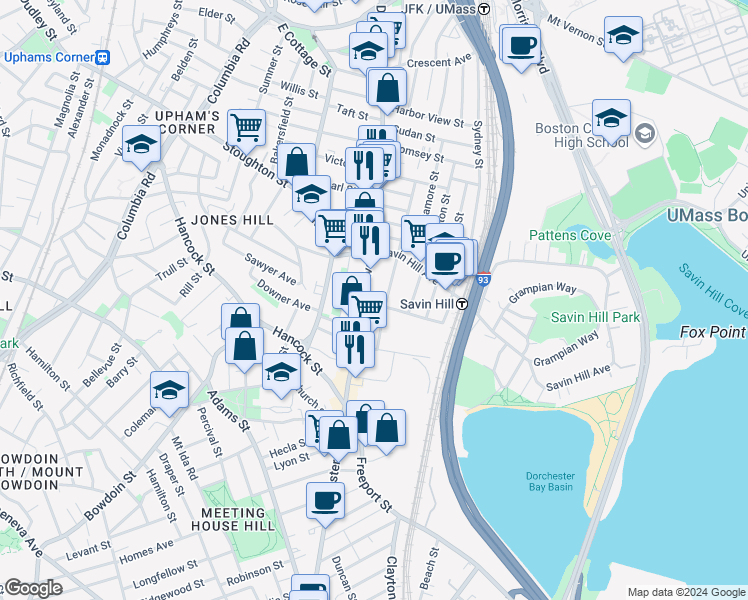 map of restaurants, bars, coffee shops, grocery stores, and more near 81 Auckland Street in Boston