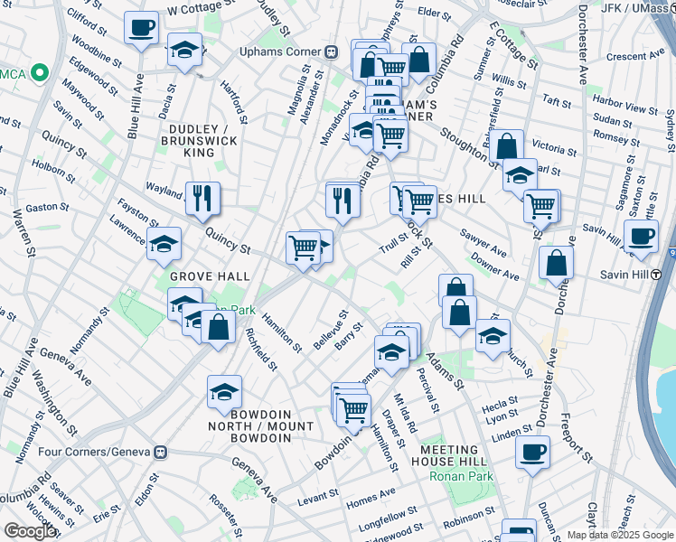 map of restaurants, bars, coffee shops, grocery stores, and more near 415 Columbia Road in Boston