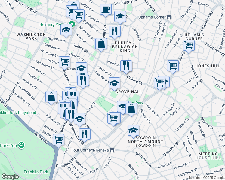 map of restaurants, bars, coffee shops, grocery stores, and more near 47 Lawrence Avenue in Boston