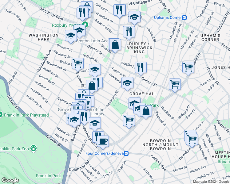 map of restaurants, bars, coffee shops, grocery stores, and more near 25 Creston Street in Boston
